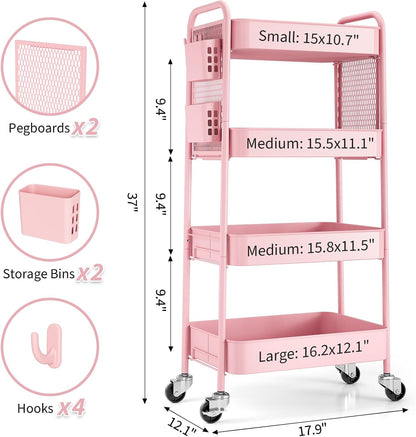 3 Tier Rolling Cart, Metal Utility Storage Cart with Pegboard, Green