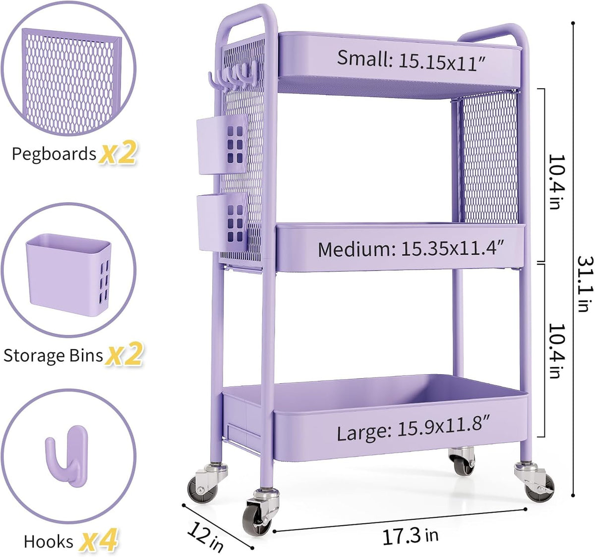 3 Tier Rolling Cart, Metal Utility Storage Cart with Pegboard, Green