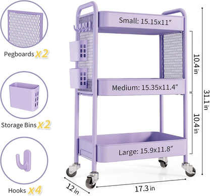 3 Tier Rolling Cart, Metal Utility Storage Cart with Pegboard, Green