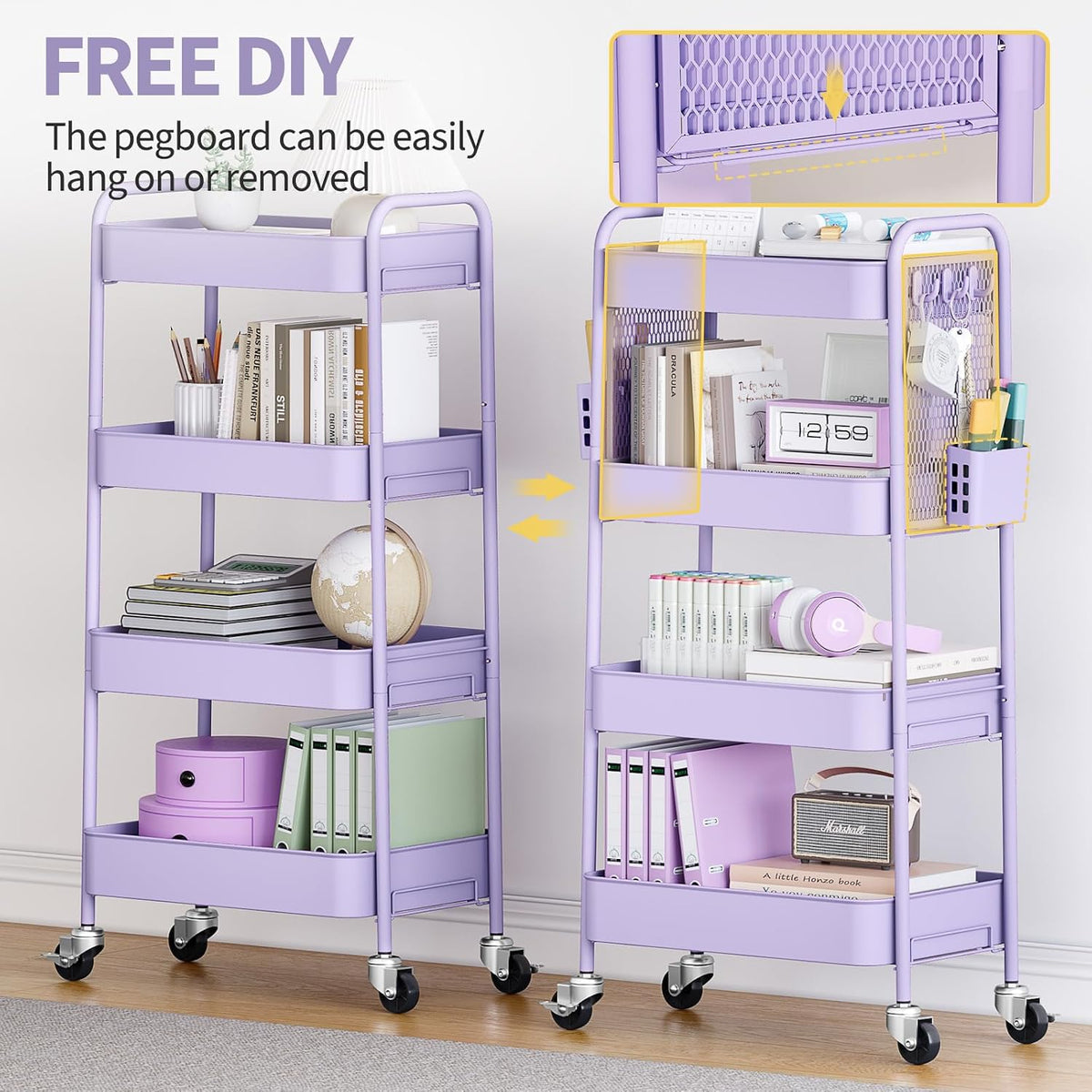 3 Tier Rolling Cart, Metal Utility Storage Cart with Pegboard, Green