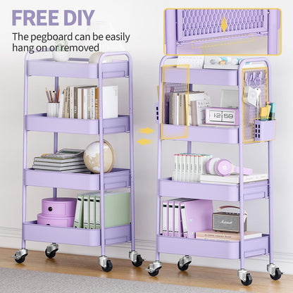 3 Tier Rolling Cart, Metal Utility Storage Cart with Pegboard, Green
