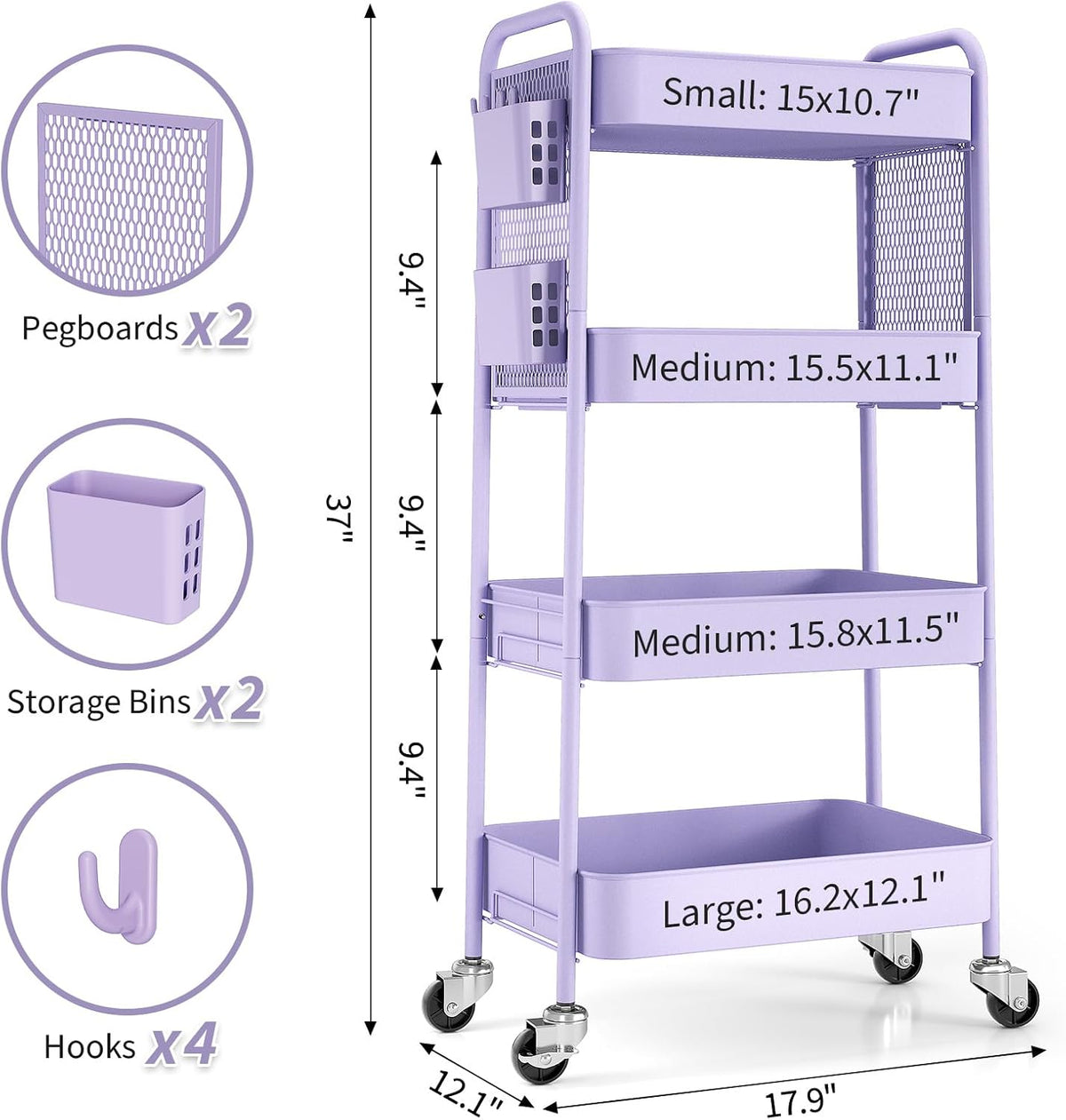 3 Tier Rolling Cart, Metal Utility Storage Cart with Pegboard, Green