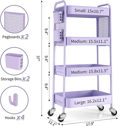 3 Tier Rolling Cart, Metal Utility Storage Cart with Pegboard, Green