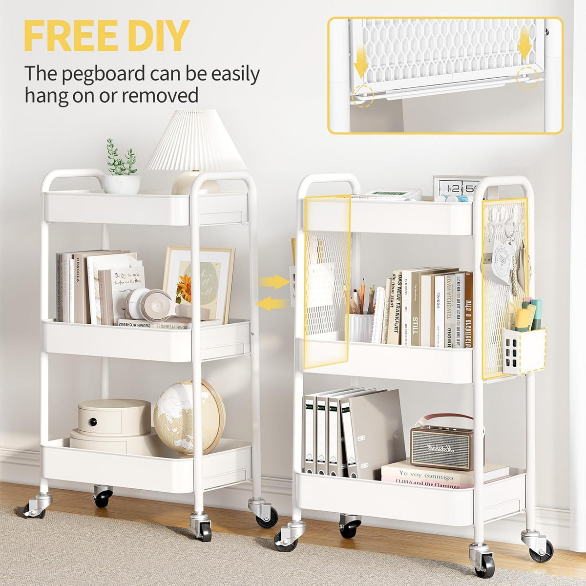 3 Tier Rolling Cart, Metal Utility Storage Cart with Pegboard, Green
