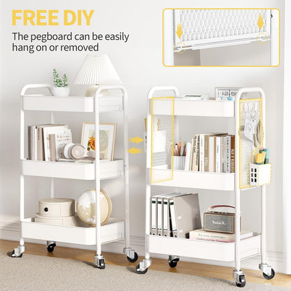 3 Tier Rolling Cart, Metal Utility Storage Cart with Pegboard, Green