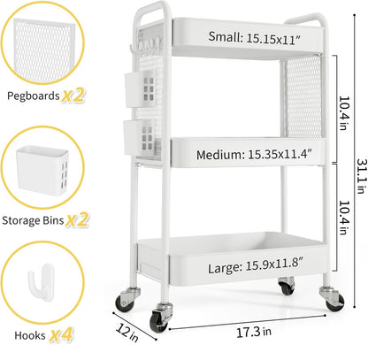3 Tier Rolling Cart, Metal Utility Storage Cart with Pegboard, Green