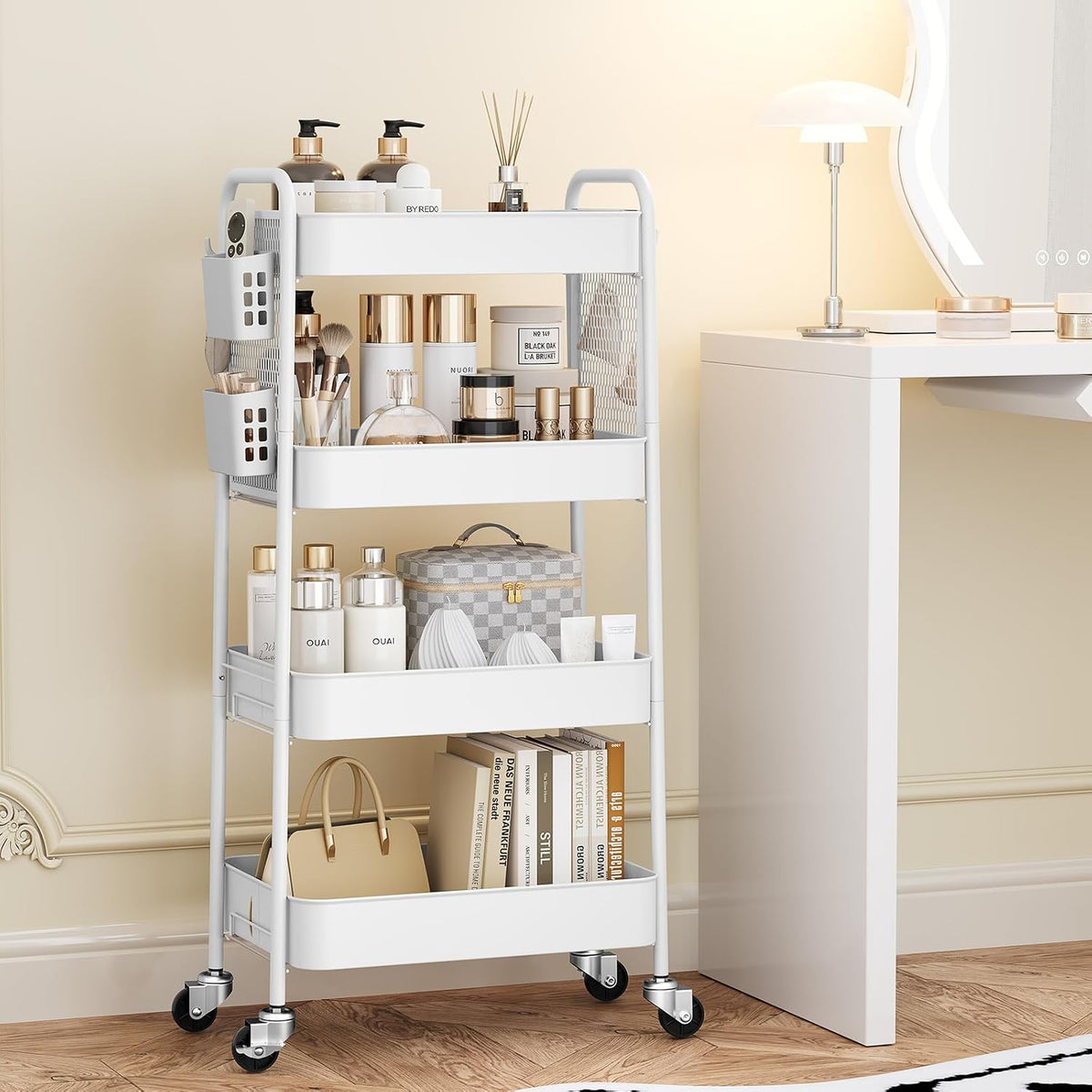 3 Tier Rolling Cart, Metal Utility Storage Cart with Pegboard, Green
