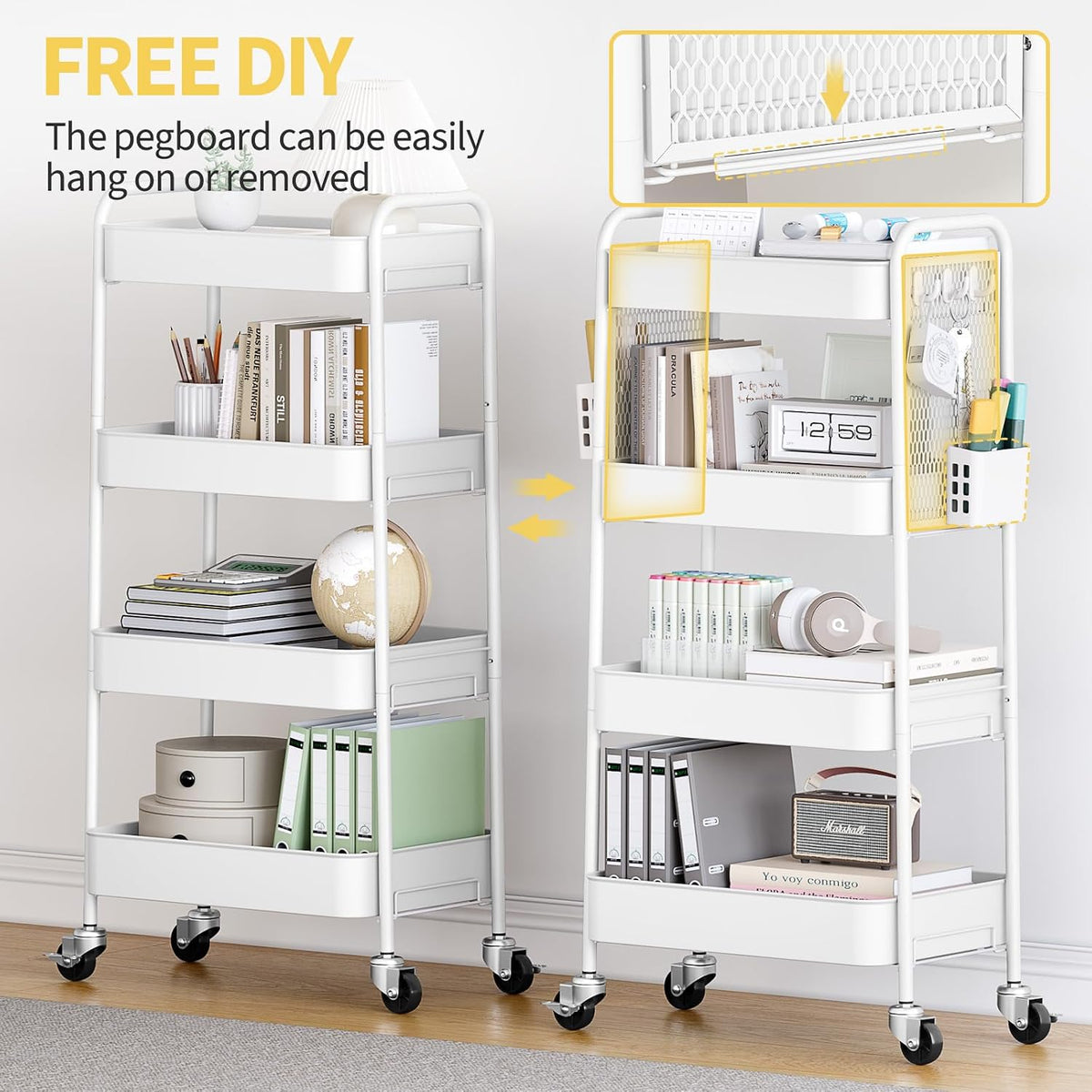 3 Tier Rolling Cart, Metal Utility Storage Cart with Pegboard, Green