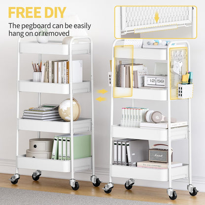 3 Tier Rolling Cart, Metal Utility Storage Cart with Pegboard, Green