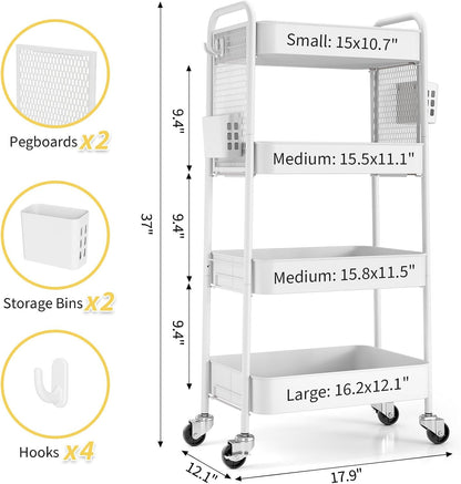 3 Tier Rolling Cart, Metal Utility Storage Cart with Pegboard, Green
