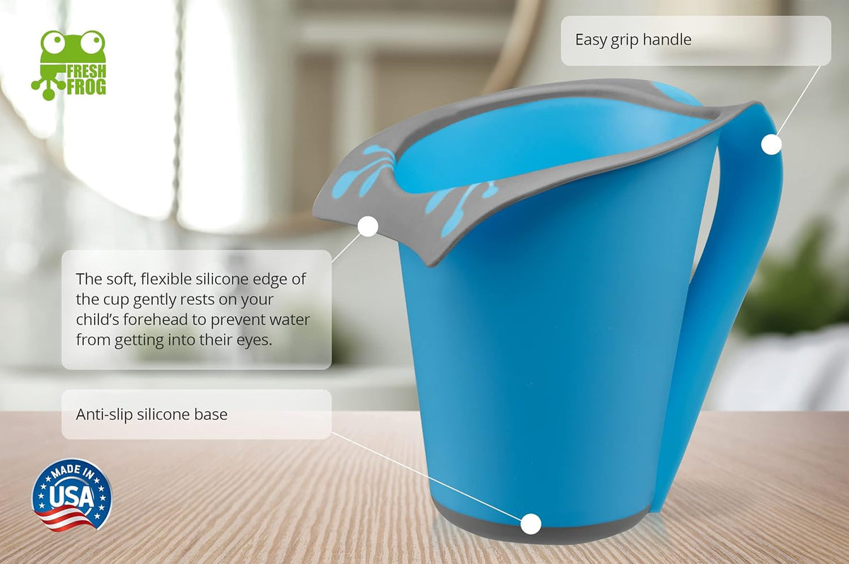 Baby Bath Rinse Cup with Soft Silicone Edge - Tear Free Shampoo Rinser for Babies, Toddlers, Kids - 27 oz Large Capacity Waterfall Pourer, Easy Grip Handle, BPA Free, Made in USA