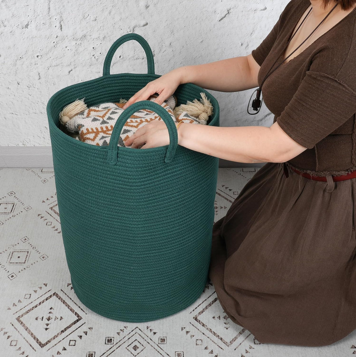 White Cotton Rope Laundry Basket Hamper for Clothes Large