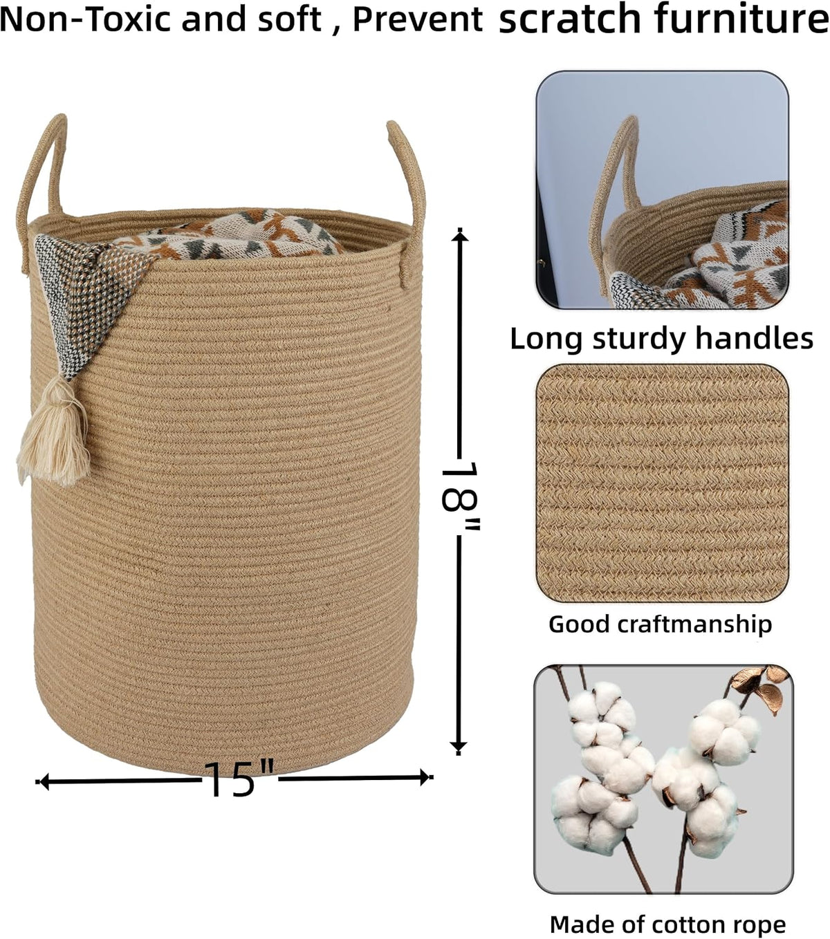 White Cotton Rope Laundry Basket Hamper for Clothes Large