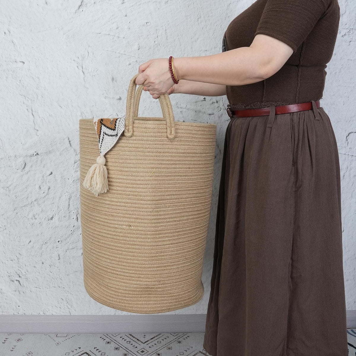 White Cotton Rope Laundry Basket Hamper for Clothes Large