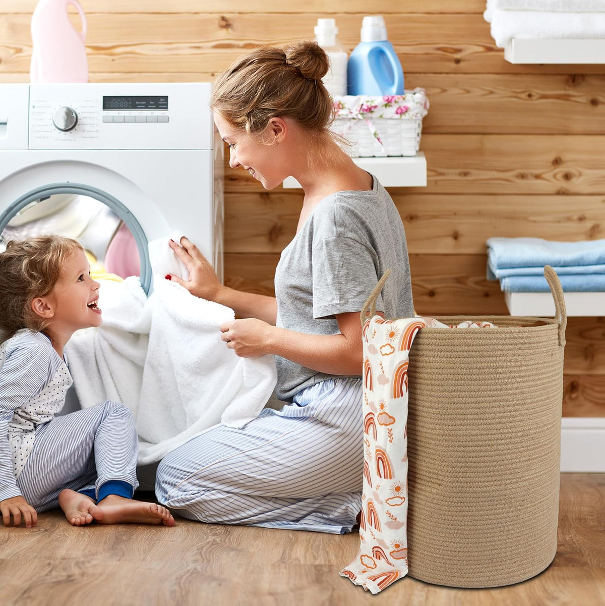 White Cotton Rope Laundry Basket Hamper for Clothes Large