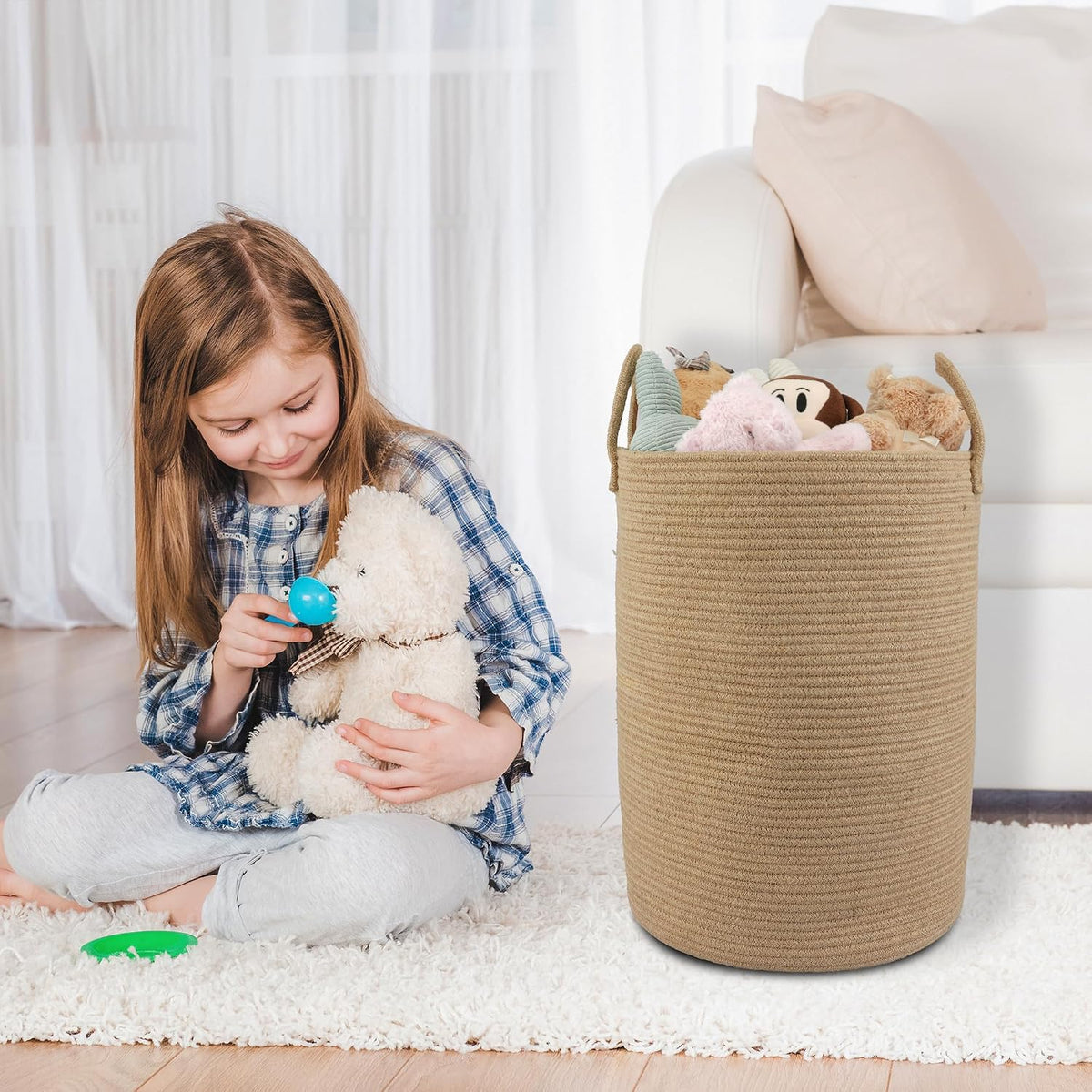 White Cotton Rope Laundry Basket Hamper for Clothes Large