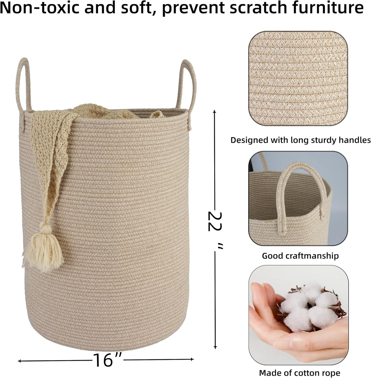 White Cotton Rope Laundry Basket Hamper for Clothes Large