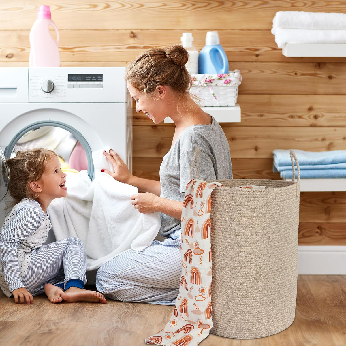 White Cotton Rope Laundry Basket Hamper for Clothes Large