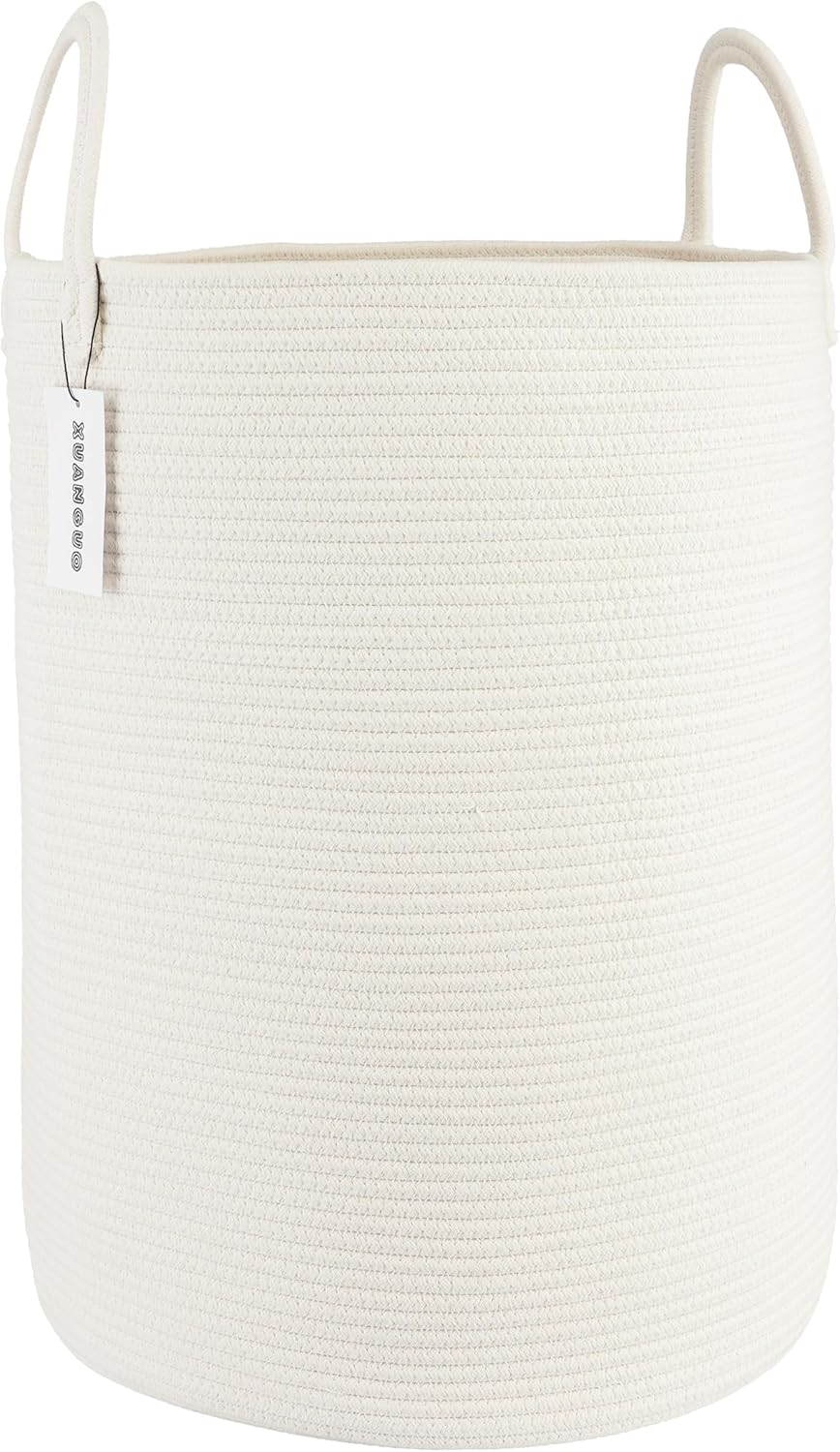 White Cotton Rope Laundry Basket Hamper for Clothes Large