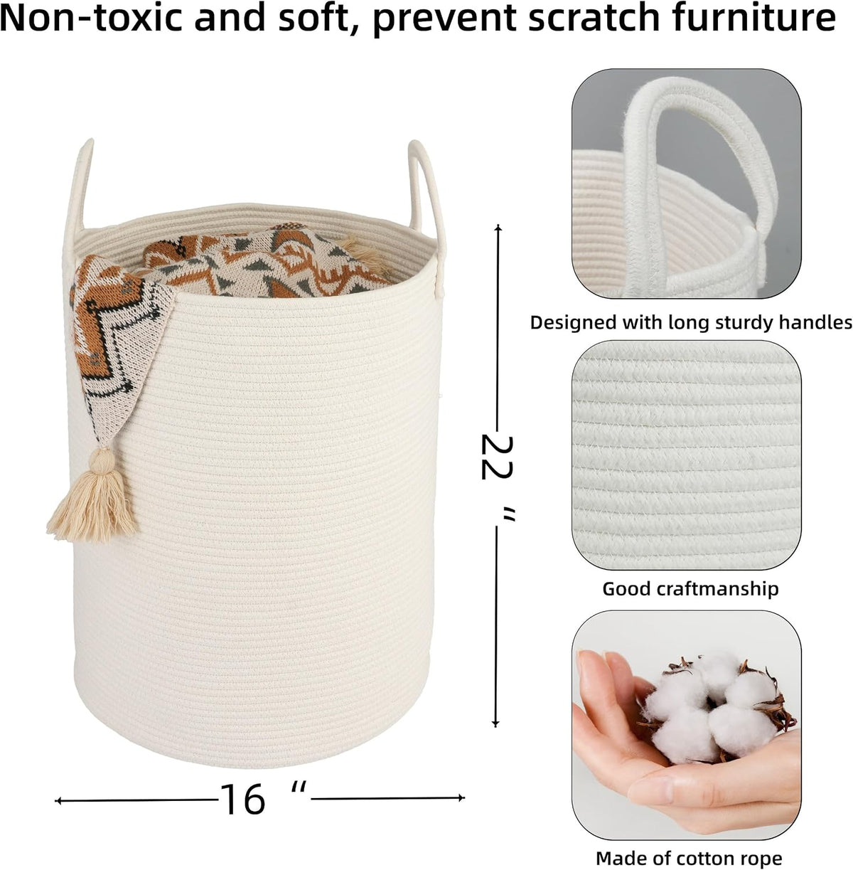 White Cotton Rope Laundry Basket Hamper for Clothes Large