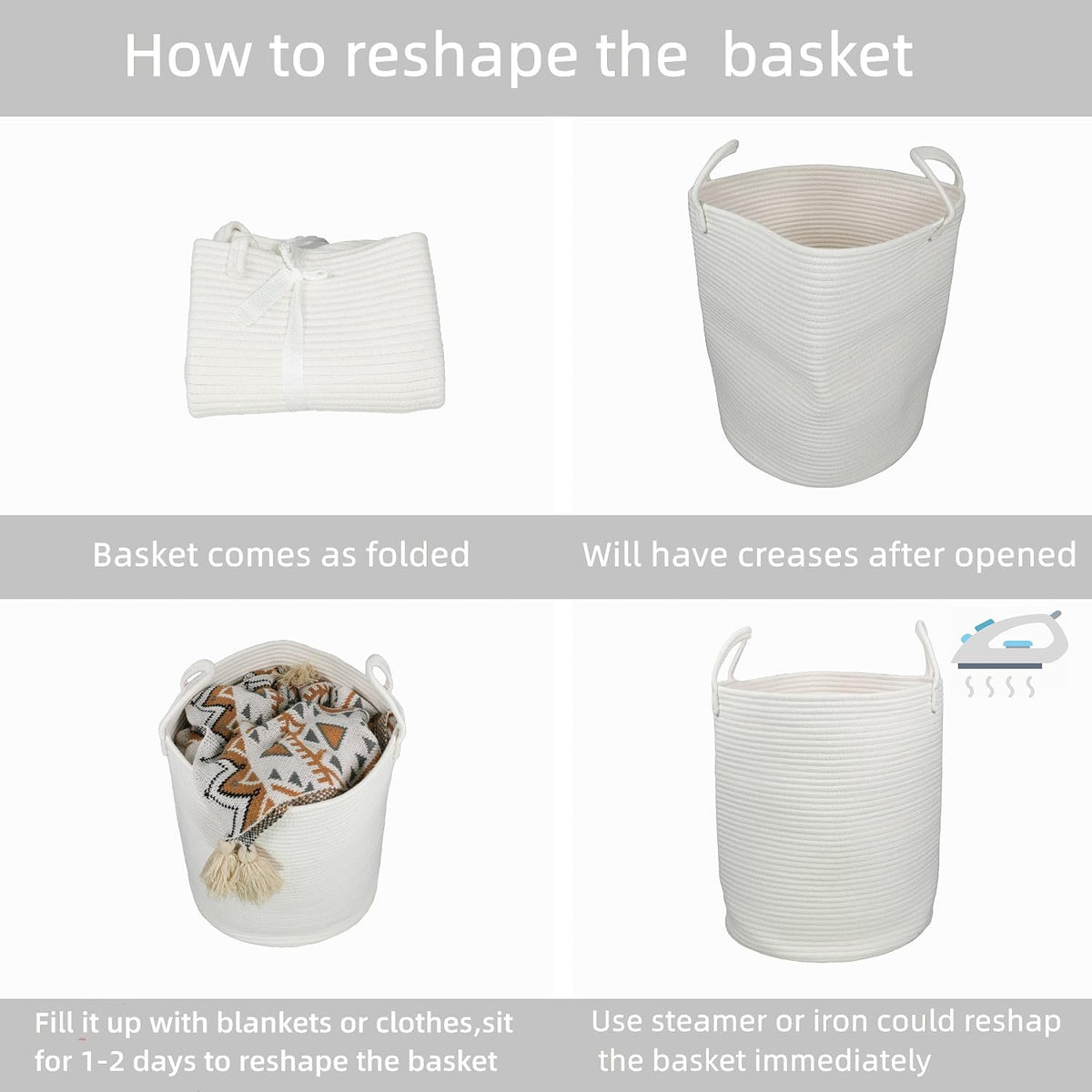 White Cotton Rope Laundry Basket Hamper for Clothes Large