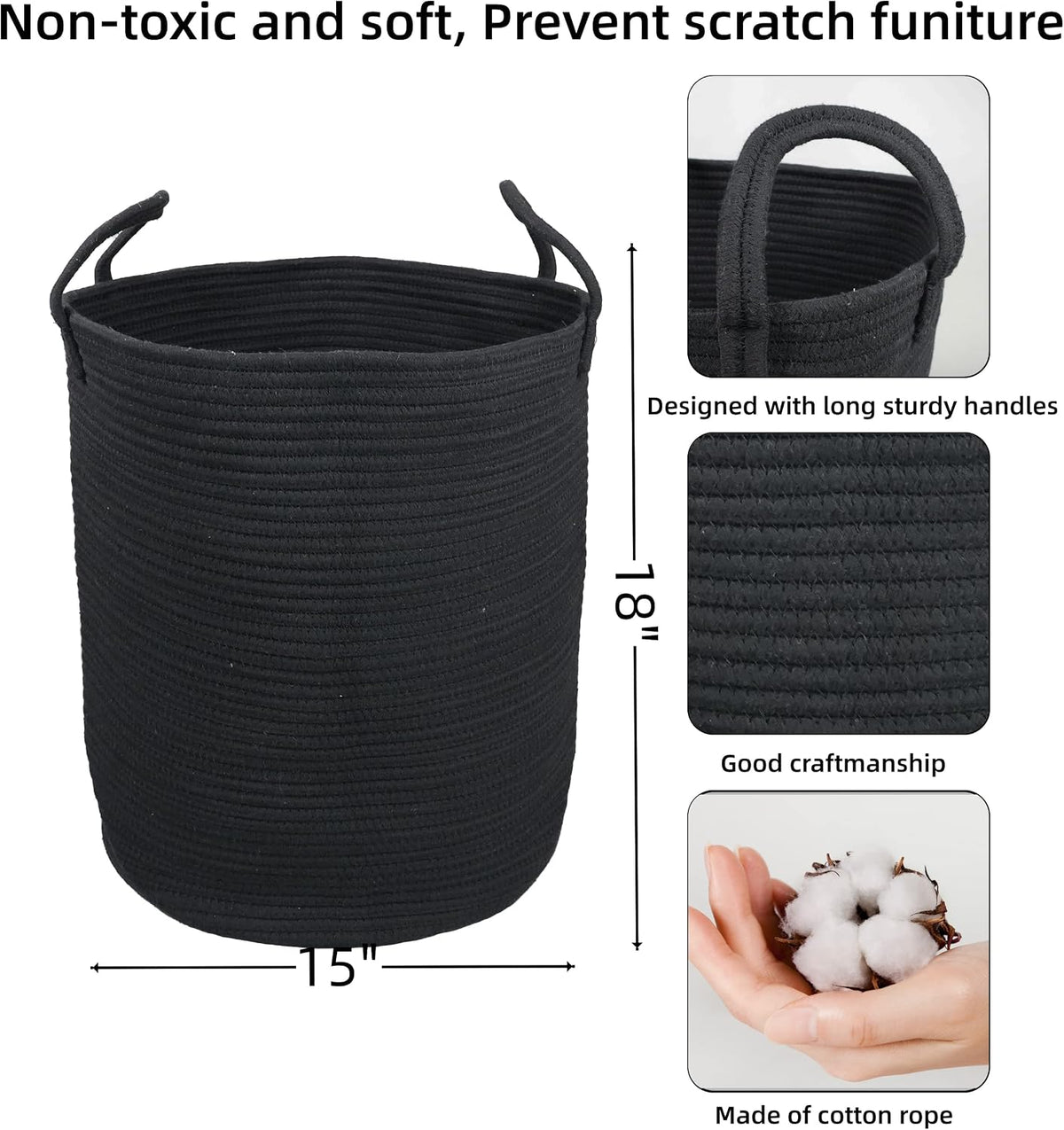 White Cotton Rope Laundry Basket Hamper for Clothes Large