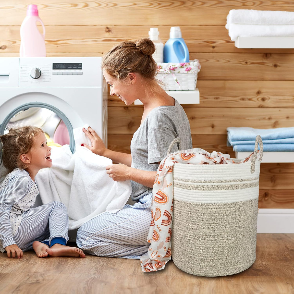 White Cotton Rope Laundry Basket Hamper for Clothes Large