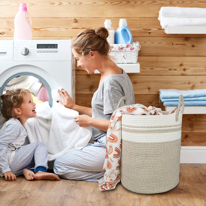 White Cotton Rope Laundry Basket Hamper for Clothes Large