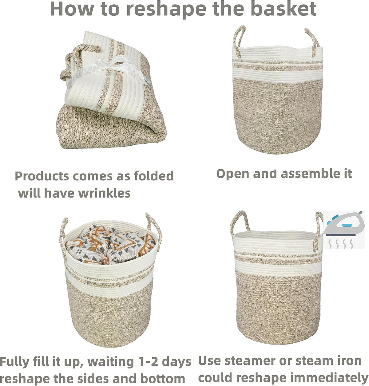 White Cotton Rope Laundry Basket Hamper for Clothes Large