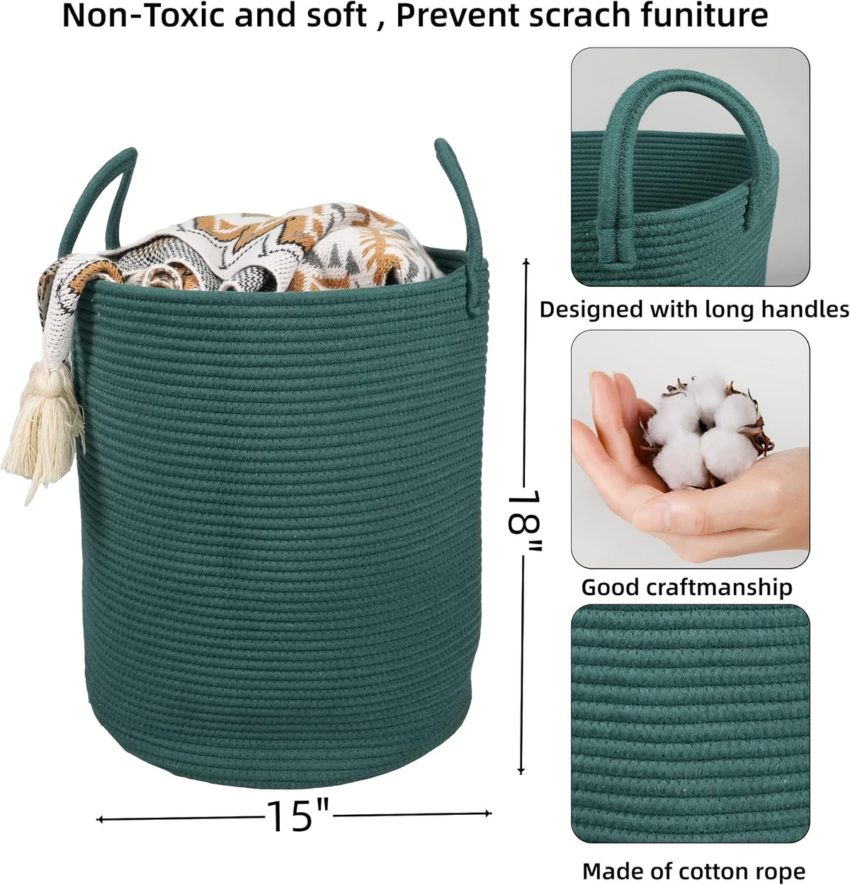 White Cotton Rope Laundry Basket Hamper for Clothes Large