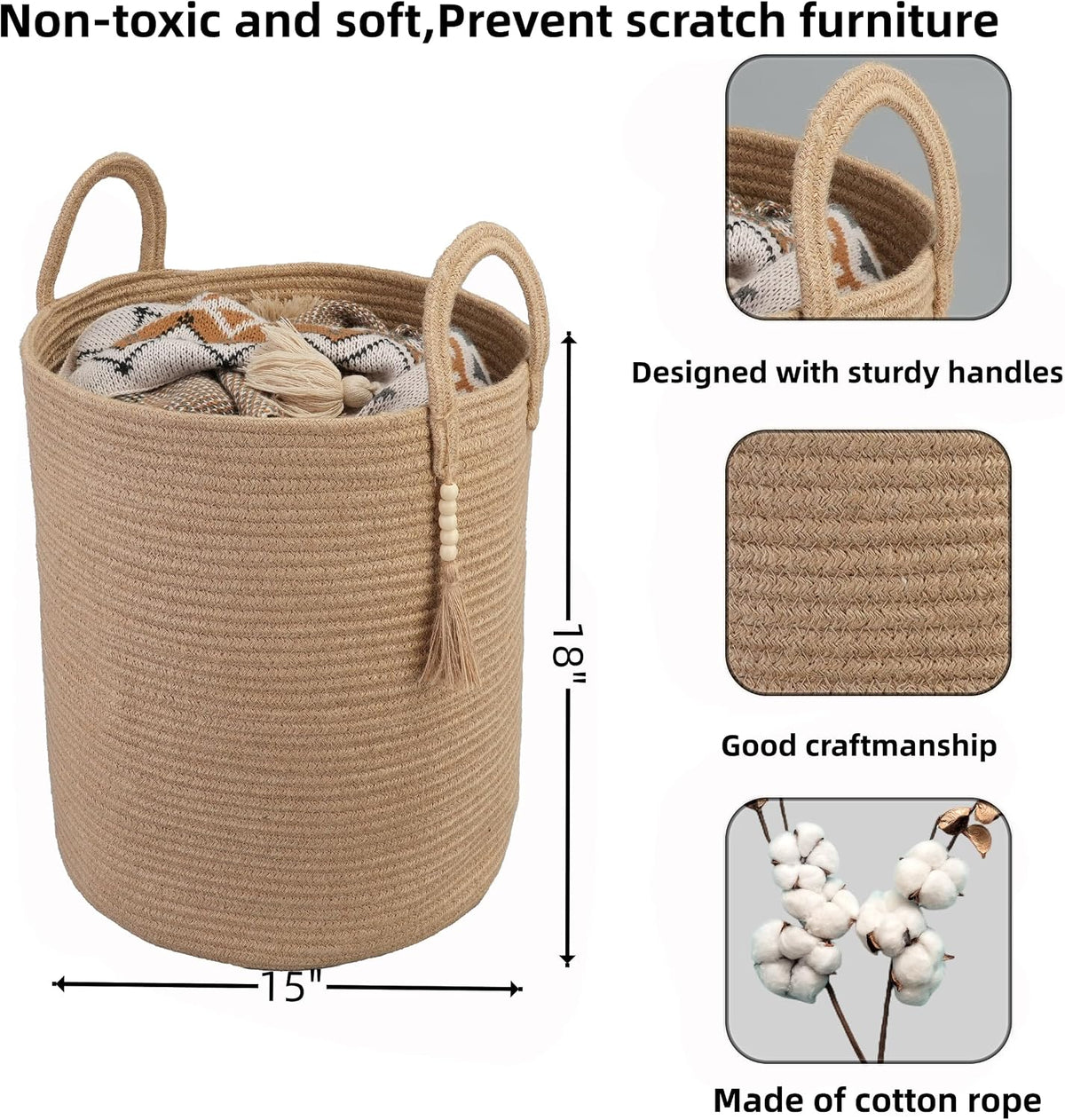White Cotton Rope Laundry Basket Hamper for Clothes Large