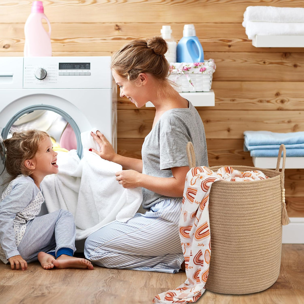 White Cotton Rope Laundry Basket Hamper for Clothes Large