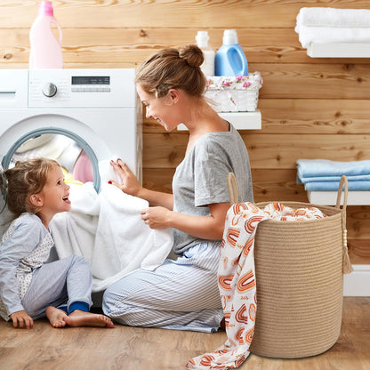 White Cotton Rope Laundry Basket Hamper for Clothes Large