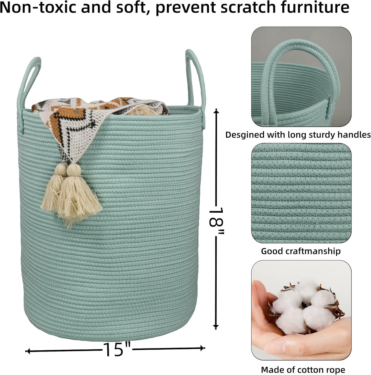 White Cotton Rope Laundry Basket Hamper for Clothes Large