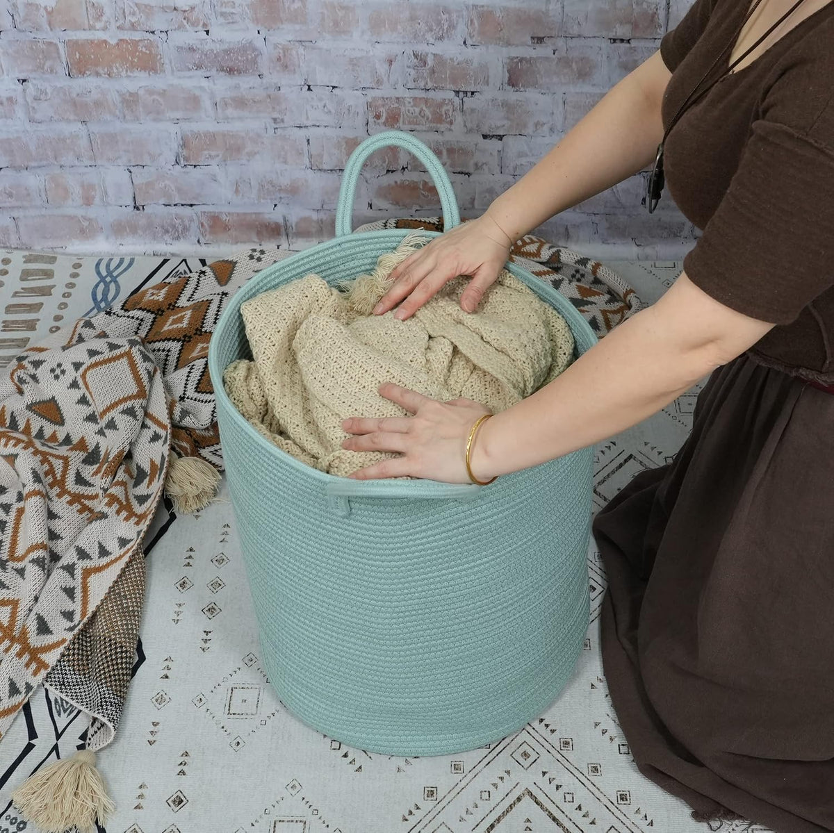 White Cotton Rope Laundry Basket Hamper for Clothes Large