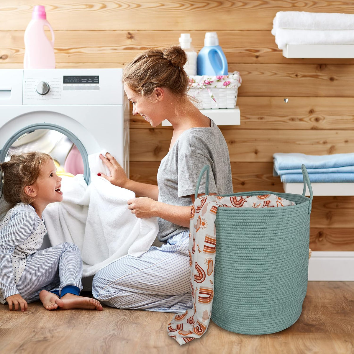 White Cotton Rope Laundry Basket Hamper for Clothes Large