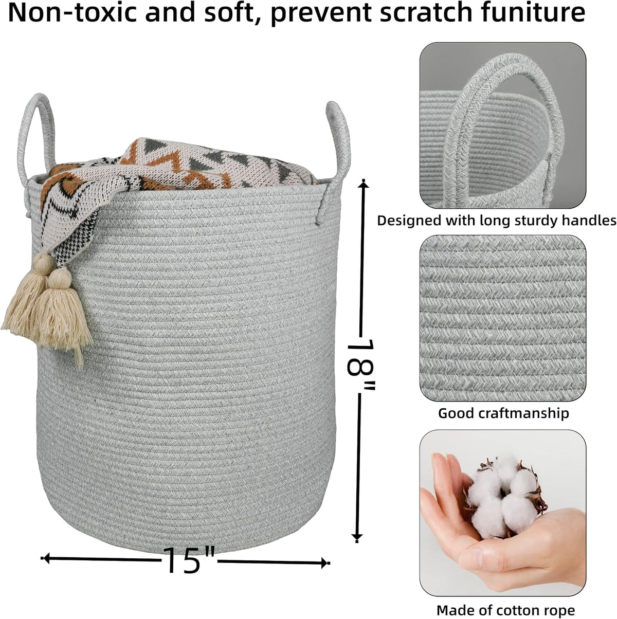 White Cotton Rope Laundry Basket Hamper for Clothes Large