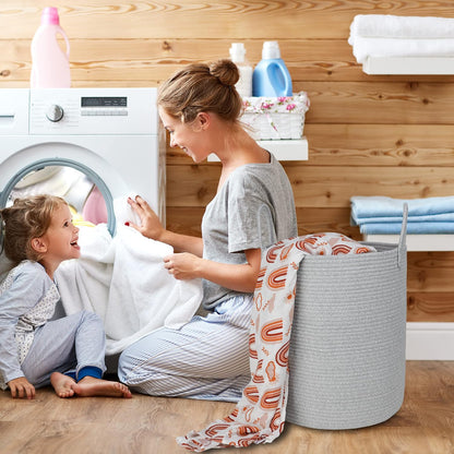 White Cotton Rope Laundry Basket Hamper for Clothes Large