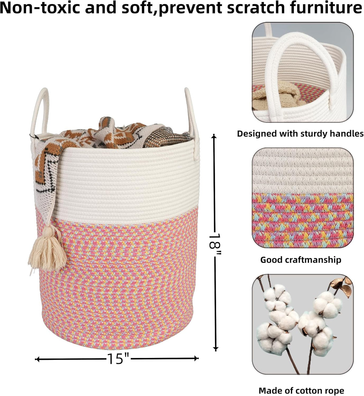 White Cotton Rope Laundry Basket Hamper for Clothes Large