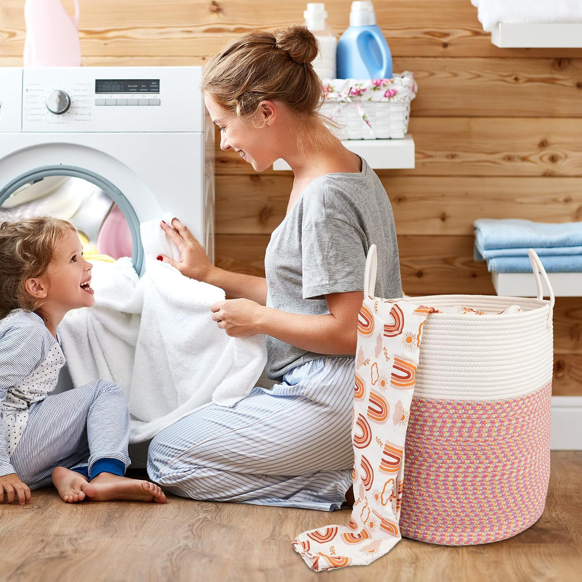 White Cotton Rope Laundry Basket Hamper for Clothes Large
