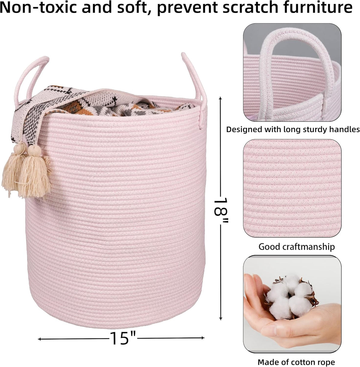 White Cotton Rope Laundry Basket Hamper for Clothes Large