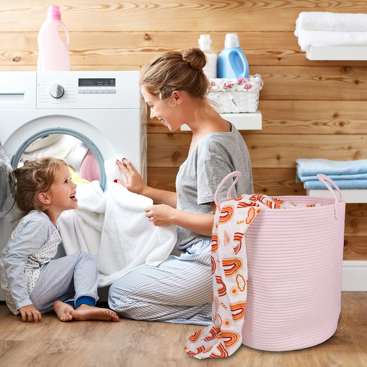 White Cotton Rope Laundry Basket Hamper for Clothes Large