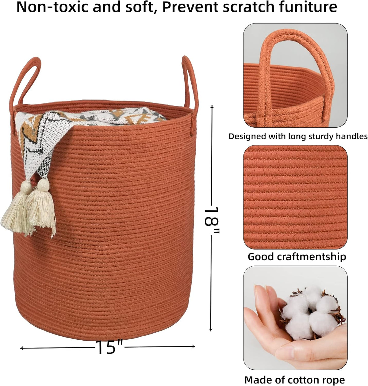 White Cotton Rope Laundry Basket Hamper for Clothes Large