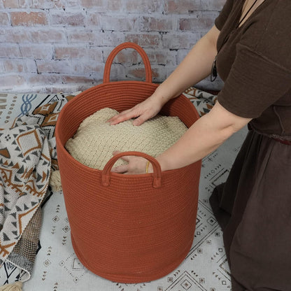 White Cotton Rope Laundry Basket Hamper for Clothes Large