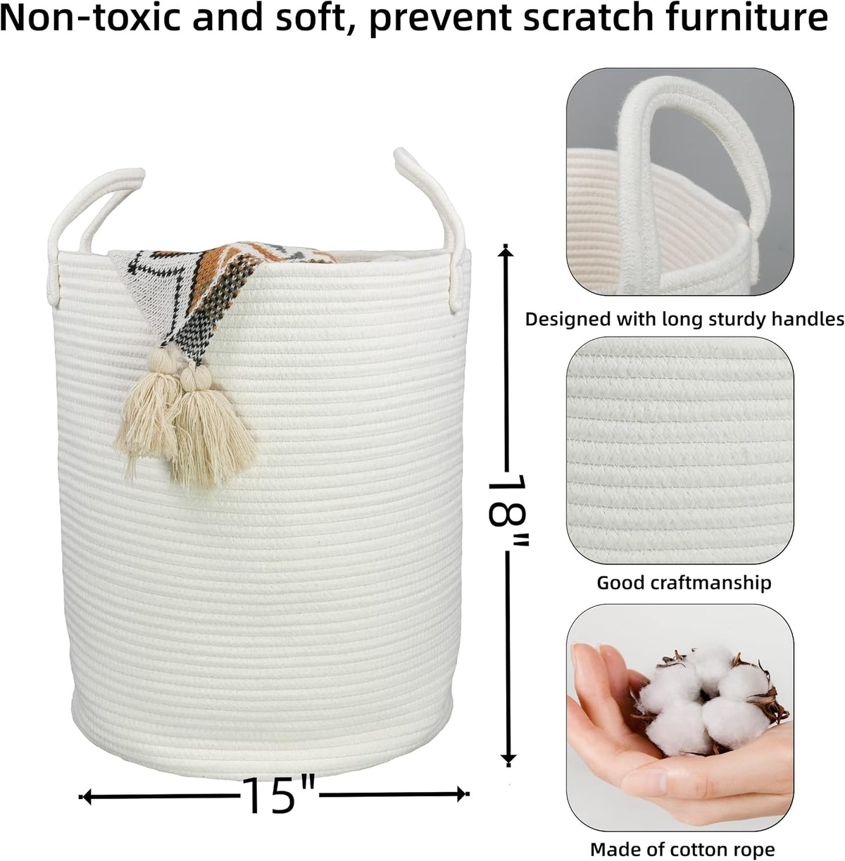 White Cotton Rope Laundry Basket Hamper for Clothes Large
