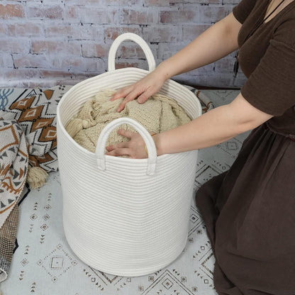 White Cotton Rope Laundry Basket Hamper for Clothes Large