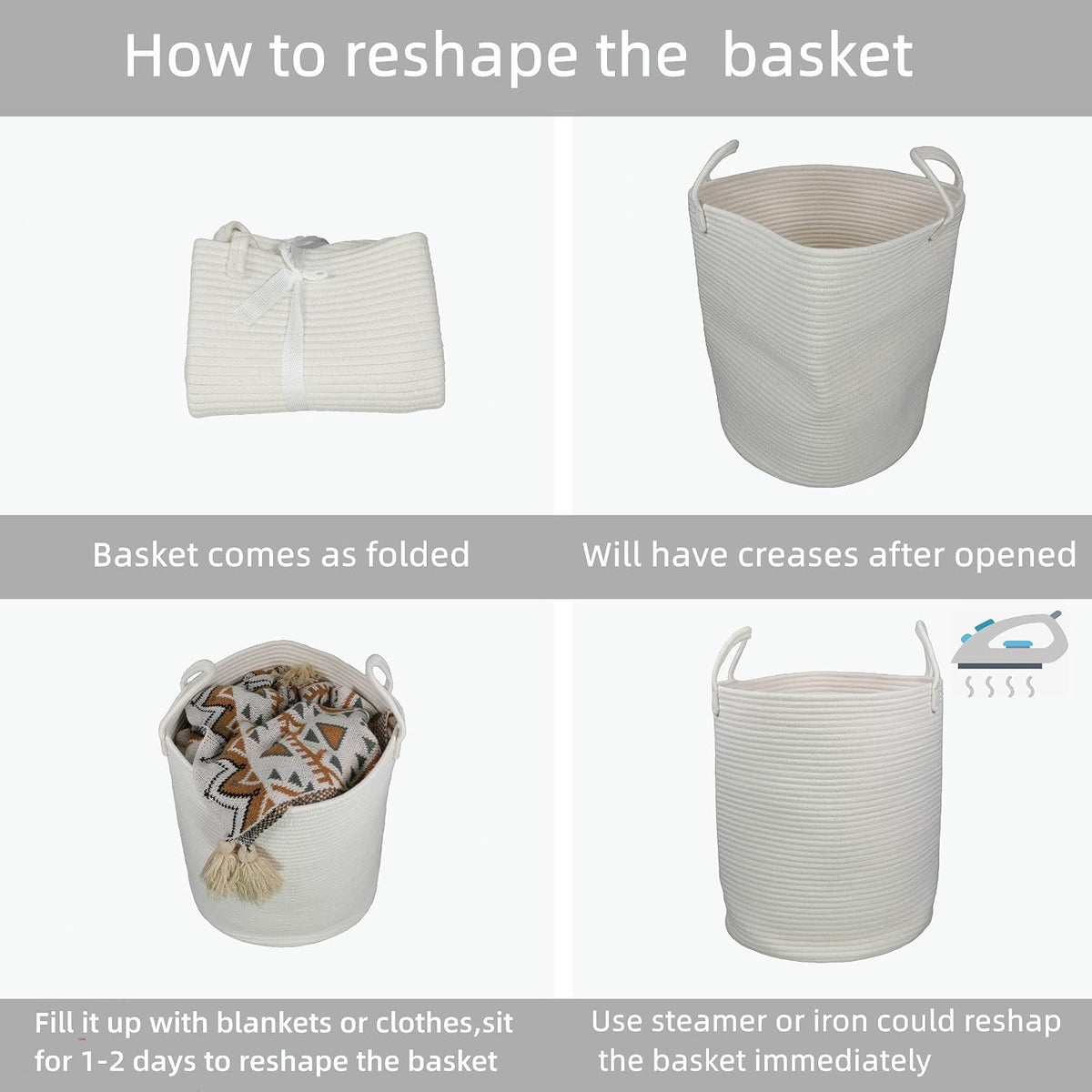 White Cotton Rope Laundry Basket Hamper for Clothes Large