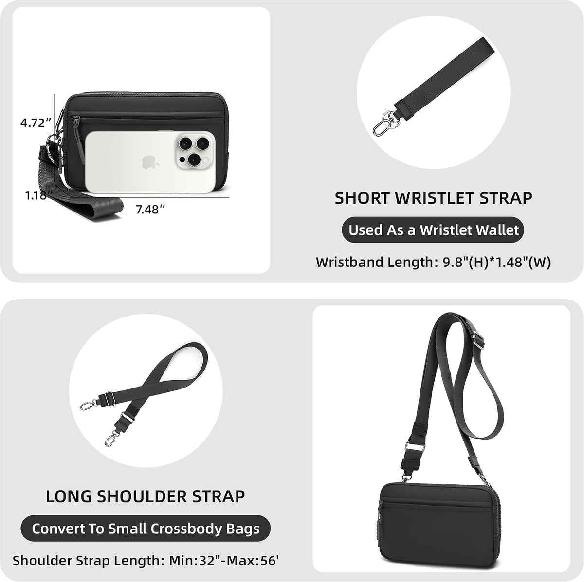 Wristlet wallets for Women RFID crossbody bags with 4 Zippers