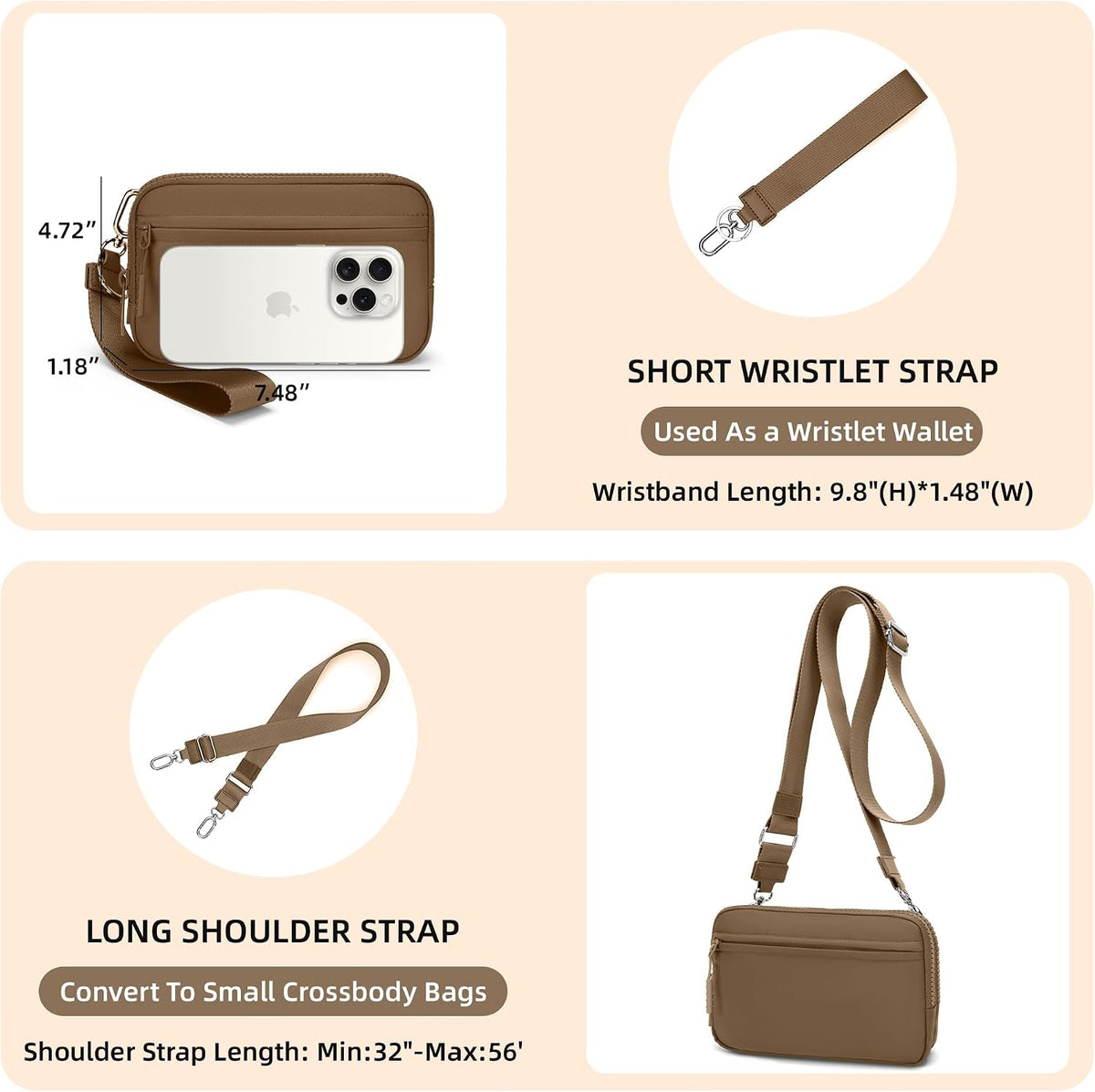Wristlet wallets for Women RFID crossbody bags with 4 Zippers