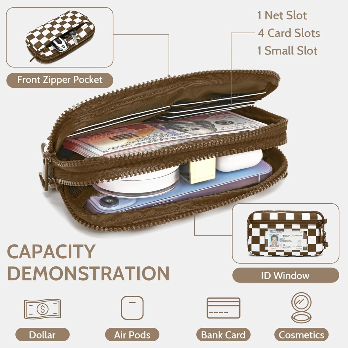 Wristlet wallets for Women RFID crossbody bags with 4 Zippers